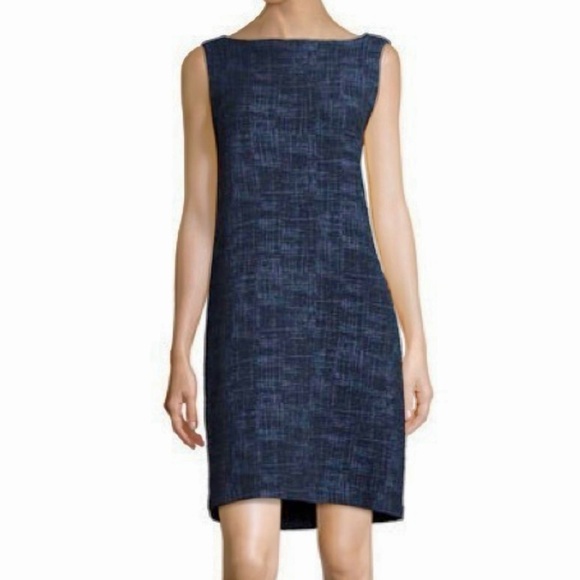 Eileen Fisher Crosshatch Cotton Tencel Stretch Boat Neck Dress Medium - Picture 1 of 7